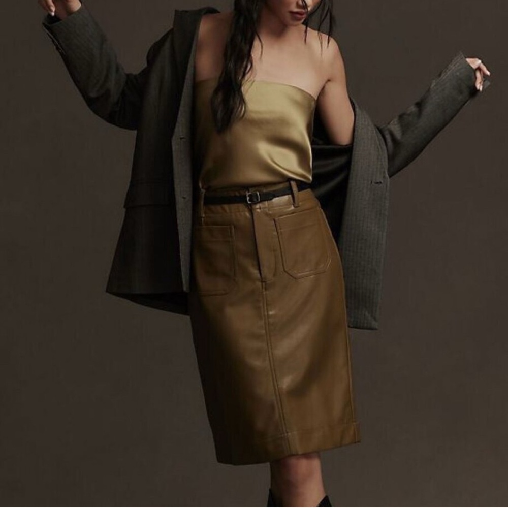 NEW Anthropologie Maeve Colette Faux Leather Green Straight Skirt Women's XXS